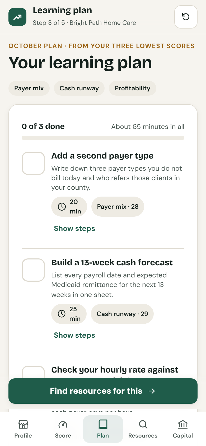Learning plan screen